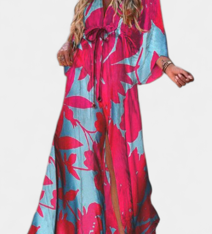 Vestido Maxi Joelle con Diseño Arcoíris, Escote en V y Manga Murciélago, Perfecto para Llevar con Estilo