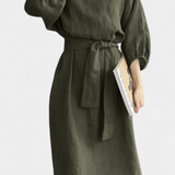 Krisbel Elegante Vestido de Lino y Algodón con Cintura Anudada para un Look Sofisticado