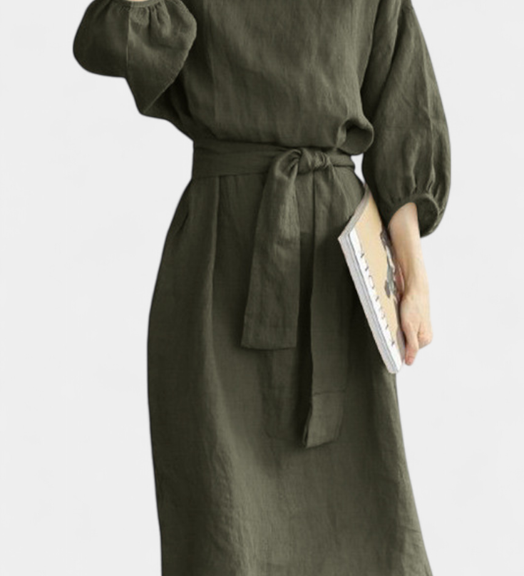 Krisbel Elegante Vestido de Lino y Algodón con Cintura Anudada para un Look Sofisticado
