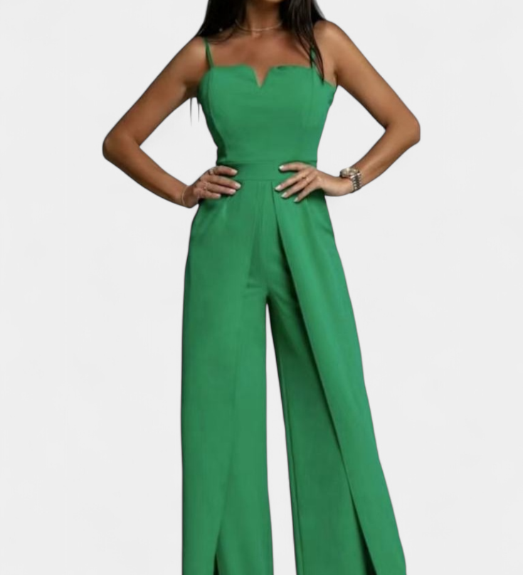 Vestido Prescillia Mono con Tirantes de Espagueti y Pernera con Abertura Elegante y Sofisticado