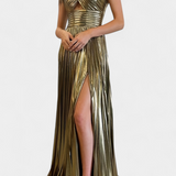 Elegante Vestido Maxi Metálico Aikaterini con Cuello Cruzado y Detalle en Abertura
