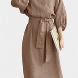 Krisbel Elegante Vestido de Lino y Algodón con Cintura Anudada para un Look Sofisticado