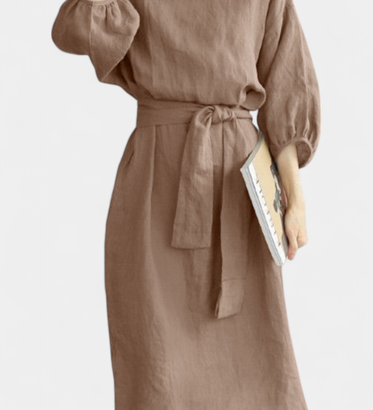 Krisbel Elegante Vestido de Lino y Algodón con Cintura Anudada para un Look Sofisticado