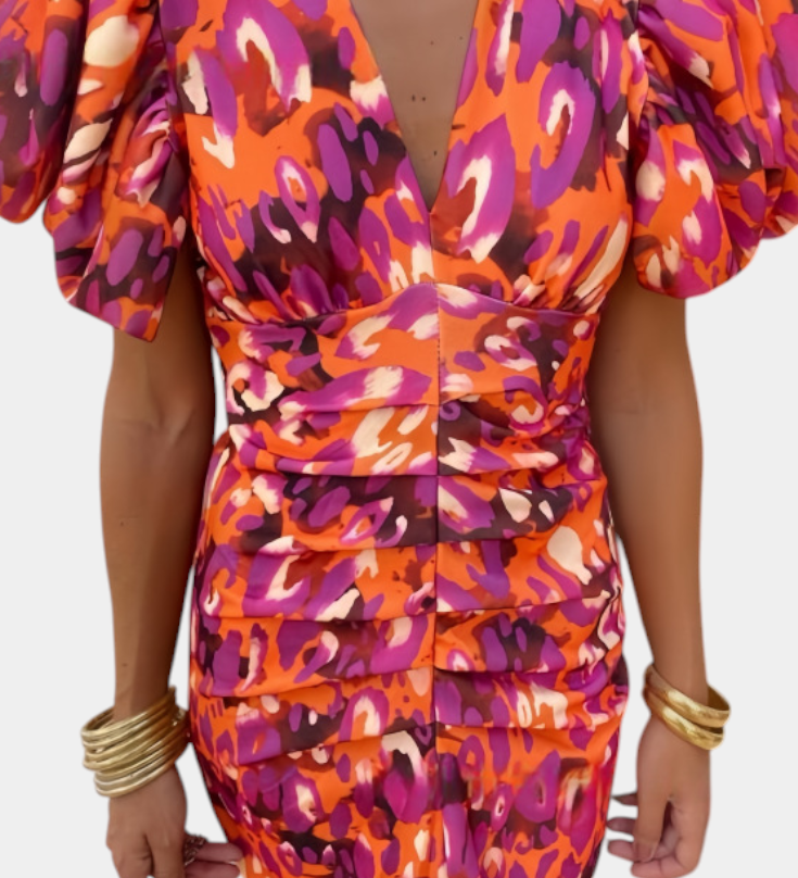 Wibia Vestido Estampado con Detalle de Fruncido Central y Mangas Volumen para un Look Elegante y Confortable