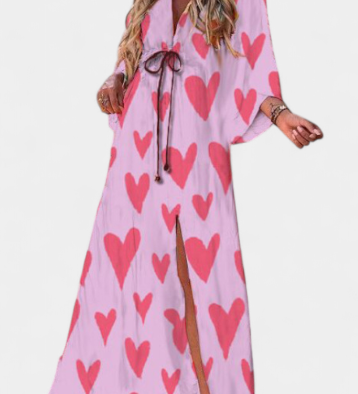 Vestido Maxi Joelle con Diseño Arcoíris, Escote en V y Manga Murciélago, Perfecto para Llevar con Estilo