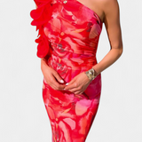 Maëlle Elegante Vestido Midi con Encantador Detalle Floral de un Hombro