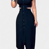 Vestido Midi Griselda con Botones y Diseño de Cintura Abierta para un Look Elegante y Moderno