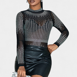 Antonella Body de Malla Transparente con Mangas Largas y Detalles Brillantes