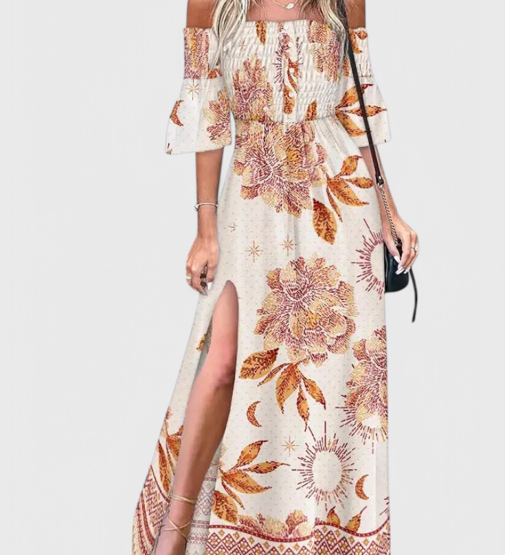 Vestido Maxi Florido Giulia com Decote Ombro a Ombro