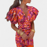 Wibia Vestido Estampado con Detalle de Fruncido Central y Mangas Volumen para un Look Elegante y Confortable