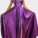 Elegante Vestido Maxi Metálico Aikaterini con Cuello Cruzado y Detalle en Abertura