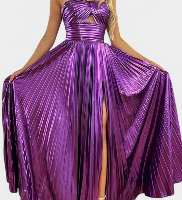 Elegante Vestido Maxi Metálico Aikaterini con Cuello Cruzado y Detalle en Abertura