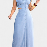 Vestido Midi Griselda con Botones y Diseño de Cintura Abierta para un Look Elegante y Moderno