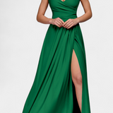Vestido Largo Rocío con Elegante Drapeado Frontal y Escote Cruzado