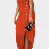 Vestido Asimétrico de Aphrodite con Elegantes Botones Dorados Decorativos