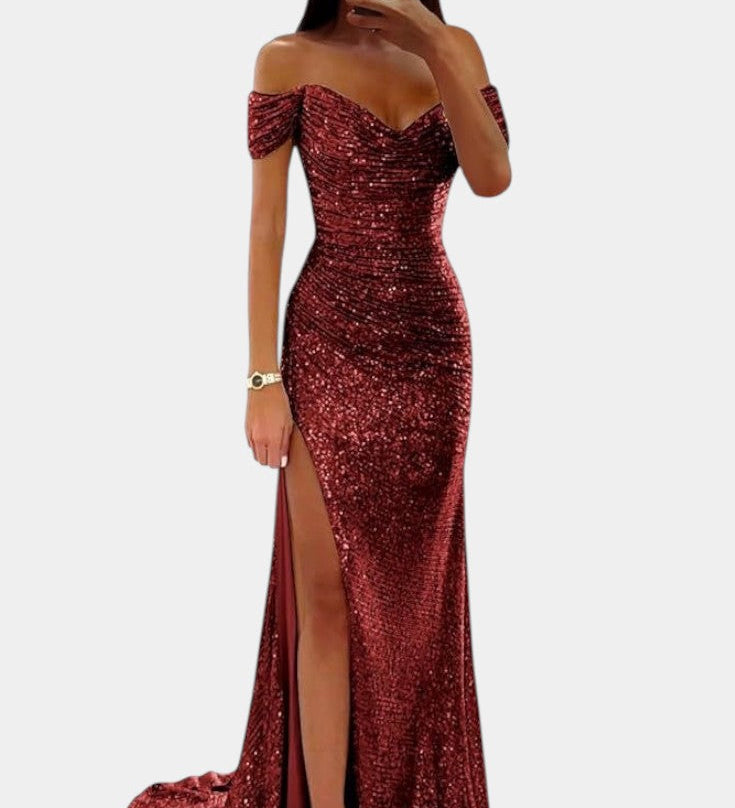 Ariel Vestido de Sirena con Lentejuelas y Diseño Off-Shoulder para Brillar en Cada Ocasión