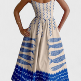 Vestido Vintage Maricela con Tirantes y Chic Estampado de Sardinas