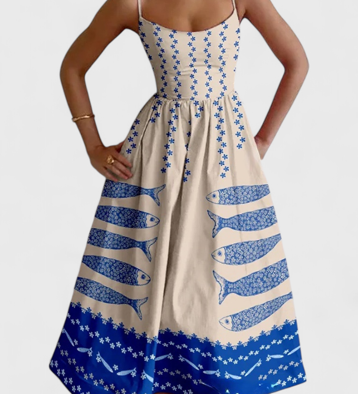 Vestido Vintage Maricela con Tirantes y Chic Estampado de Sardinas
