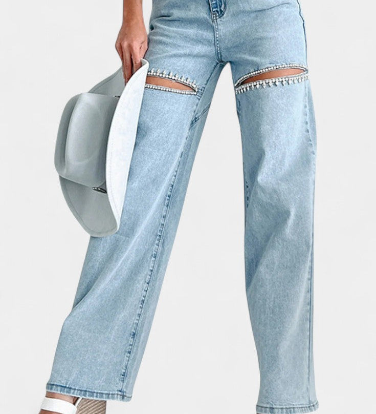 Jeans Evian Ripped Straight-Leg con Elegantes Rhinestones