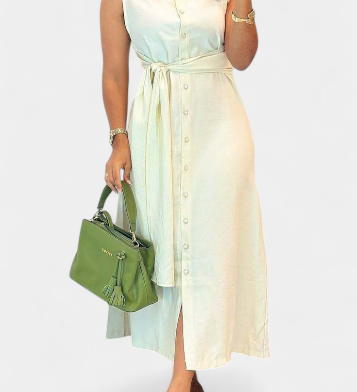 Vestido Elegante sin Mangas Behnaz con Cinturón y Cuello Camisero - Look Sofisticado y Moderno