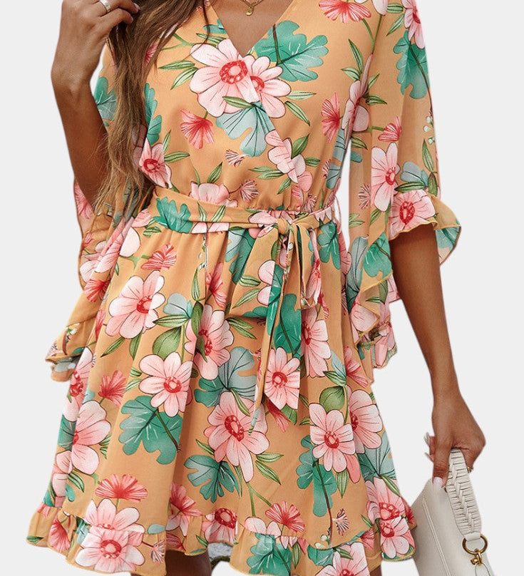 Besa Vestido Mini Floral Impreso con Silueta Elegante y Fluida