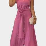 Vestido Elegante sin Mangas Behnaz con Cinturón y Cuello Camisero - Look Sofisticado y Moderno