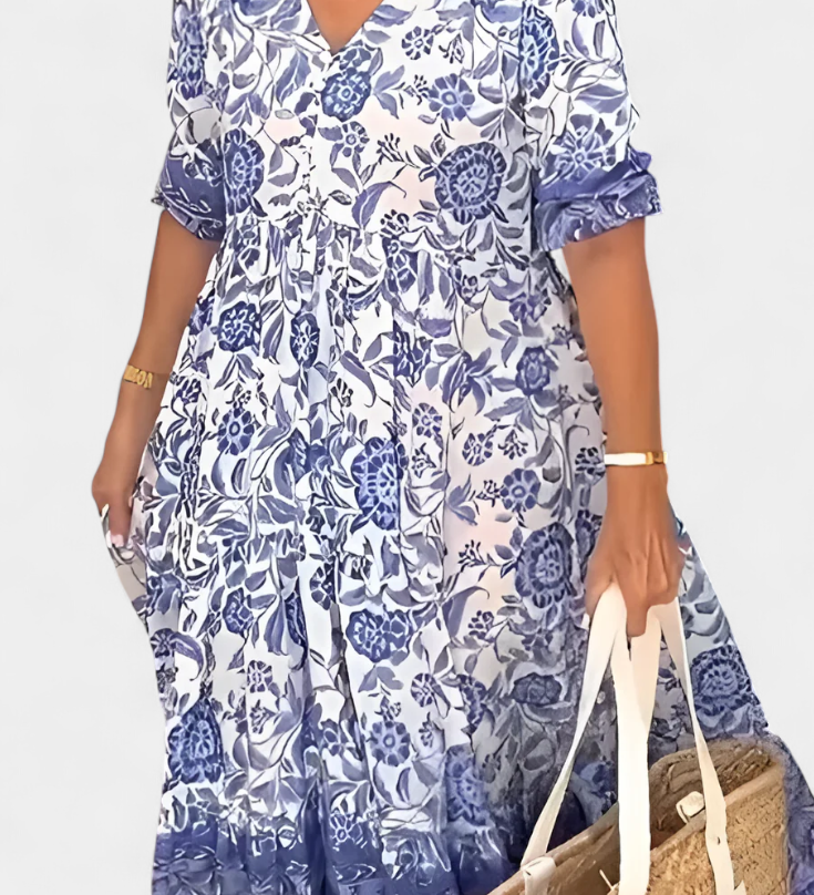 Elcira Vestido Bohemio Floral con Elegante Escote en V y Encantadores Volantes