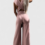 Pantalón Ivana Mono de Pierna Ancha con Diseño de Espalda Cruzada para un Estilo Elegante