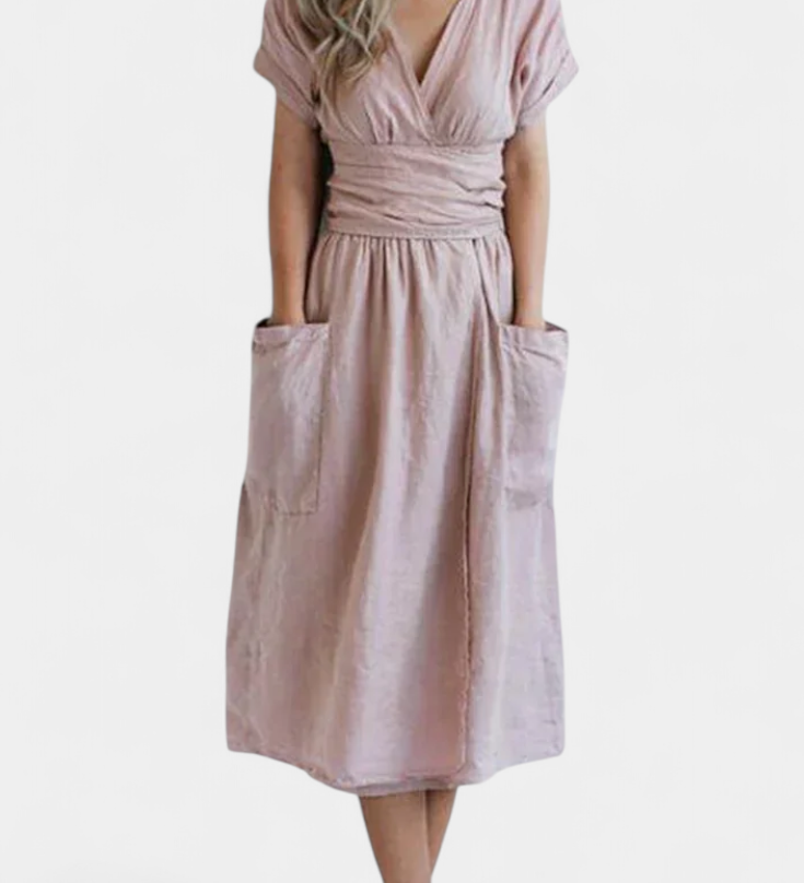 Cressida Elegante Vestido de Algodón con Escote en V y Cintura Ajustable para un Ajuste Perfecto