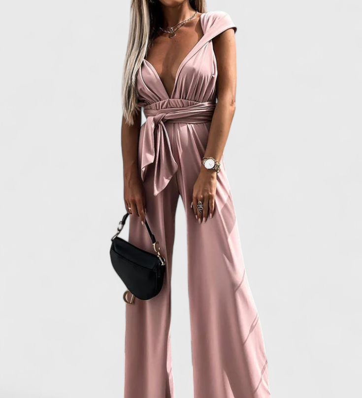 Pantalón Ivana Mono de Pierna Ancha con Diseño de Espalda Cruzada para un Estilo Elegante