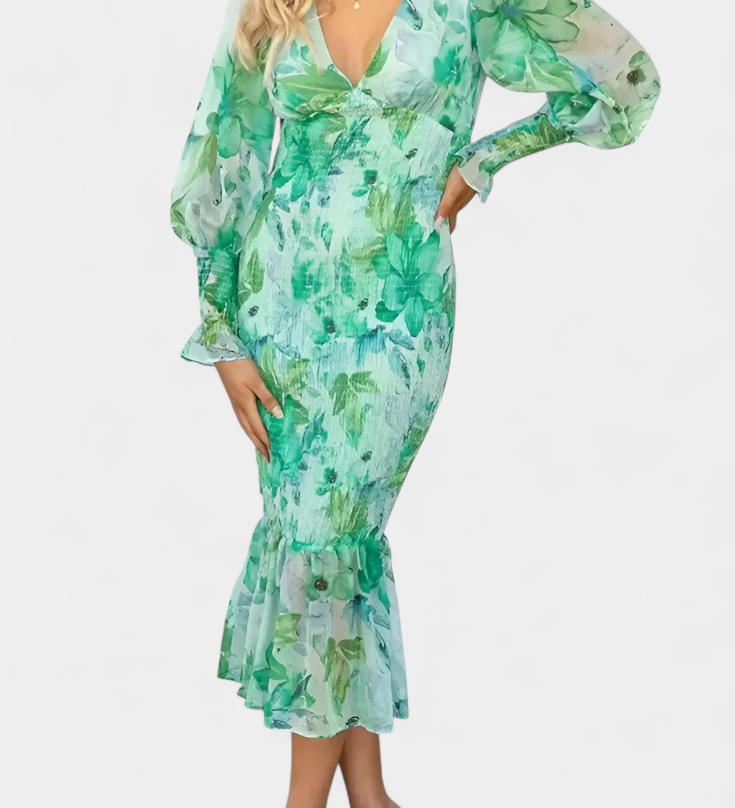 Vestido Midi Floral Carly con Cintura Fruncida y Mangas Vaporosas - Elegancia y Estilo para Cada Ocasión