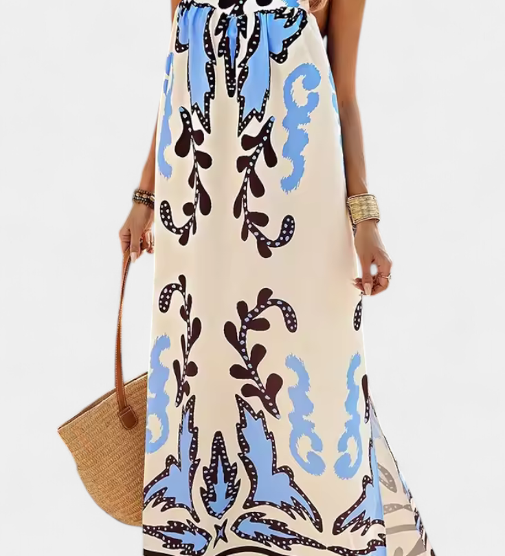 Vilma Vestido de Fiesta con Encantador Estampado Tropical y Elegante Espalda Descubierta