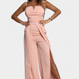 Vestido Prescillia Mono con Tirantes de Espagueti y Pernera con Abertura Elegante y Sofisticado