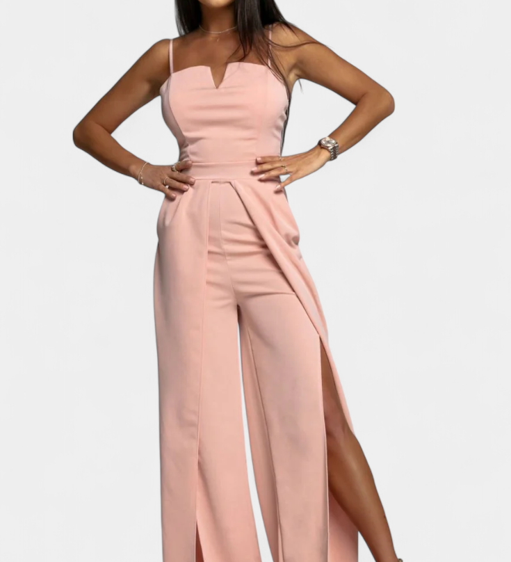 Vestido Prescillia Mono con Tirantes de Espagueti y Pernera con Abertura Elegante y Sofisticado