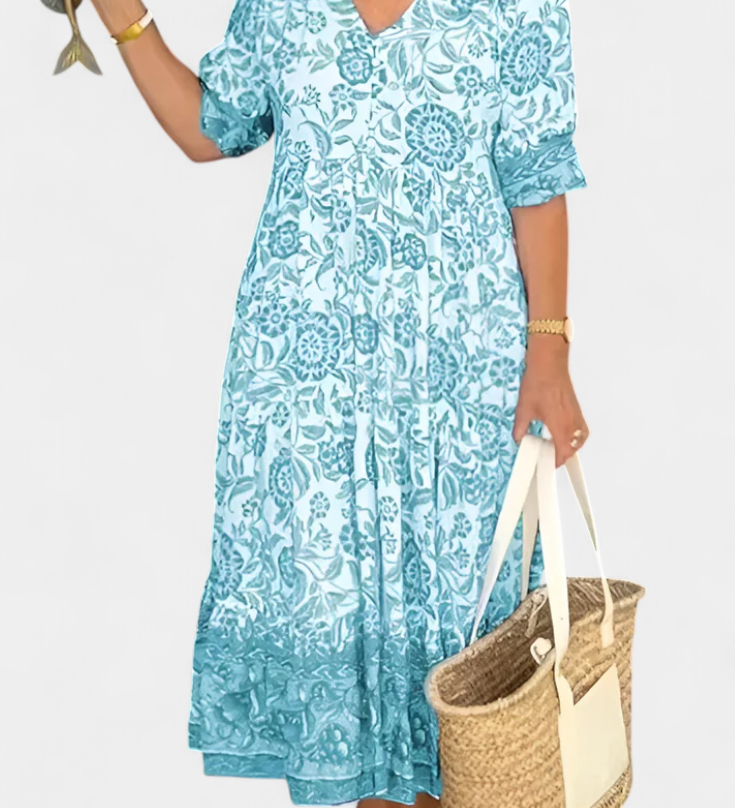 Elcira Vestido Bohemio Floral con Elegante Escote en V y Encantadores Volantes