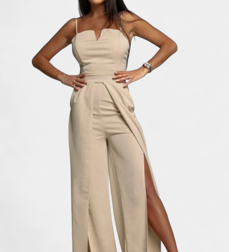 Vestido Prescillia Mono con Tirantes de Espagueti y Pernera con Abertura Elegante y Sofisticado