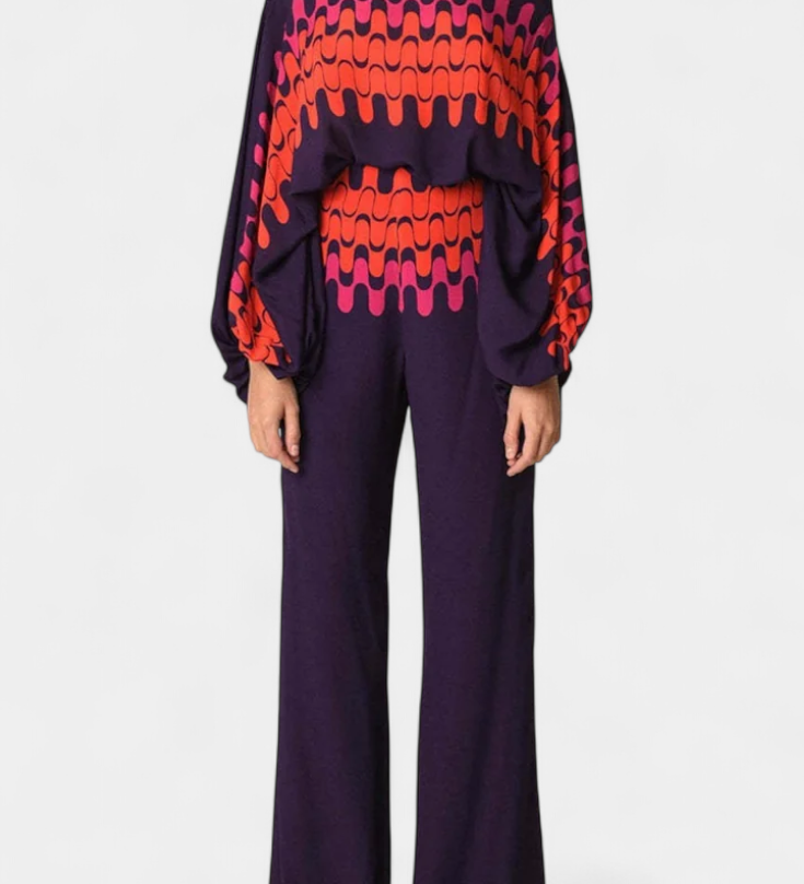 Set de Dos Piezas con Hombros a Descubrir y Pantalones Amplios con Estampado Elegante