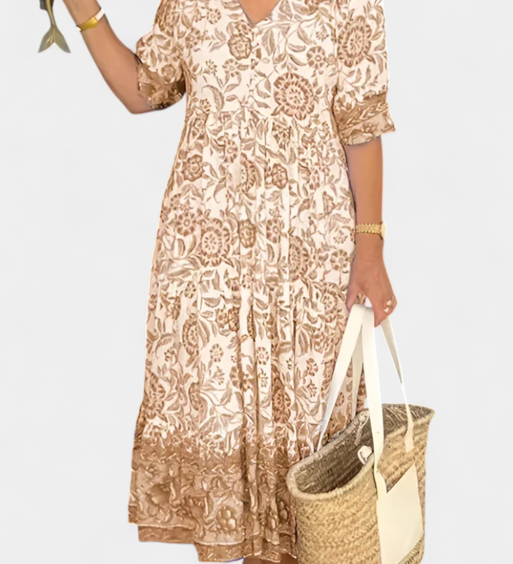 Elcira Vestido Bohemio Floral con Elegante Escote en V y Encantadores Volantes