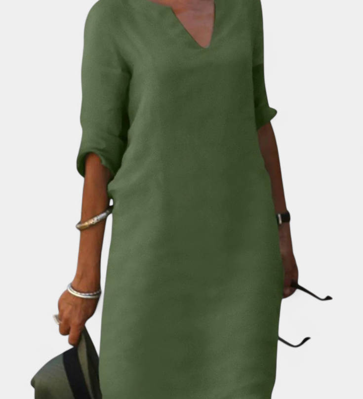 Vestido Elowen de Gotas en V con Manga Tres Cuartos para un Look Elegante y Sofisticado