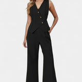 Elegante conjunto sin mangas con chaleco y pantalones anchos para un estilo moderno y cómodo
