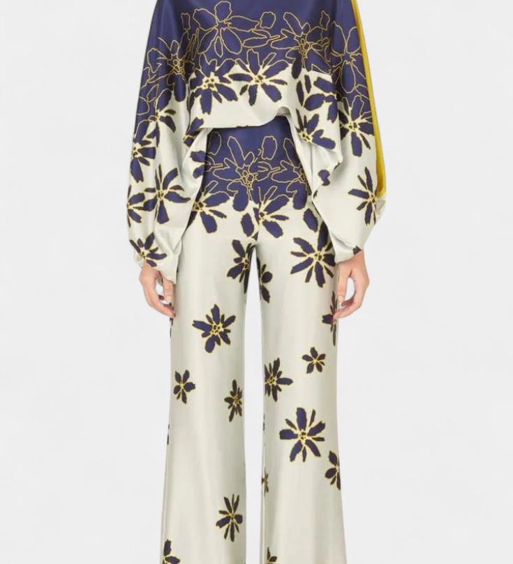 Set de Dos Piezas con Hombros a Descubrir y Pantalones Amplios con Estampado Elegante