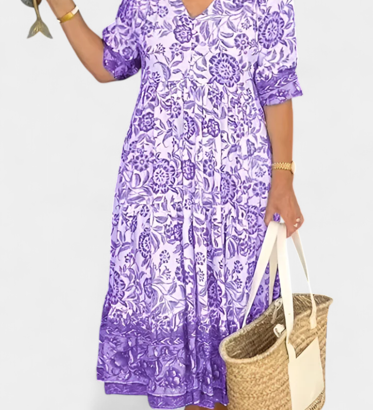 Elcira Vestido Bohemio Floral con Elegante Escote en V y Encantadores Volantes