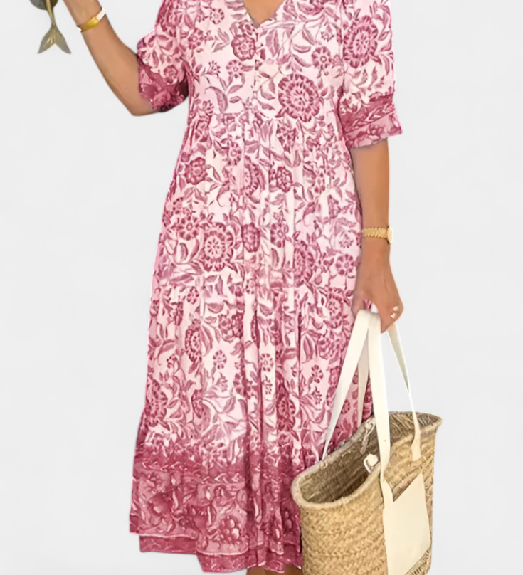 Elcira Vestido Bohemio Floral con Elegante Escote en V y Encantadores Volantes