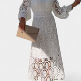 Elegante Vestido Midi de Encaje Lucinda con Mangas Farol y Cuello Alto para un look sofisticado