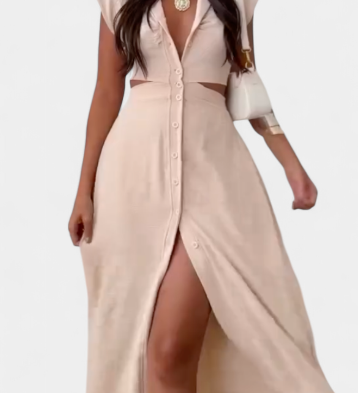 Vestido Midi Griselda con Botones y Diseño de Cintura Abierta para un Look Elegante y Moderno