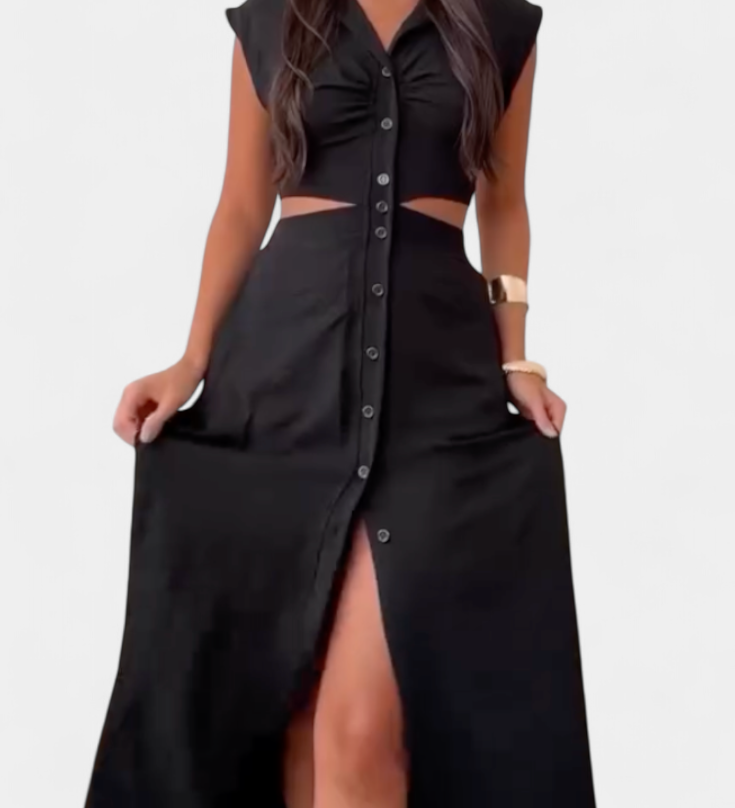 Vestido Midi Griselda con Botones y Diseño de Cintura Abierta para un Look Elegante y Moderno