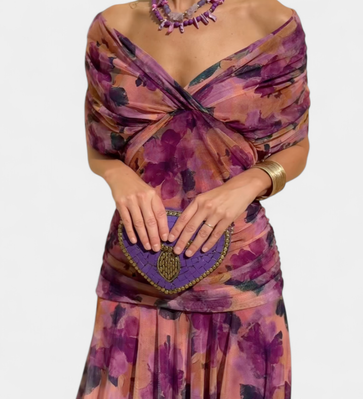 Vestido Largo Alondra con Encantador Estampado Floral y Elegante Escote en V