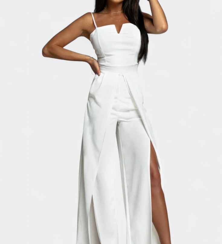 Vestido Prescillia Mono con Tirantes de Espagueti y Pernera con Abertura Elegante y Sofisticado