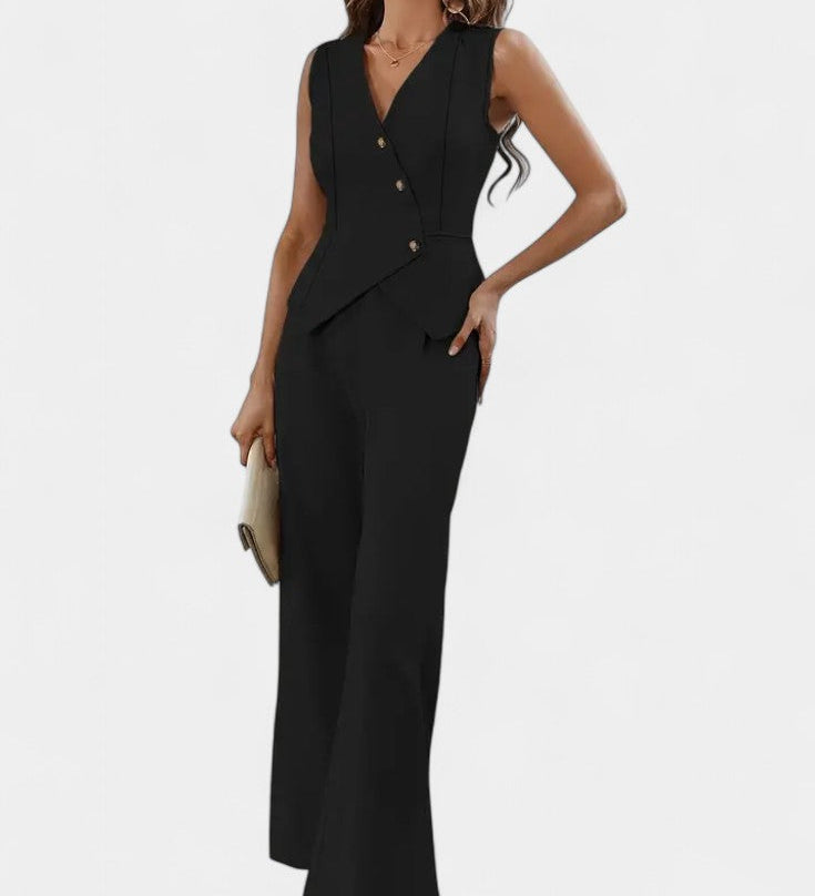 Elegante conjunto sin mangas con chaleco y pantalones anchos para un estilo moderno y cómodo