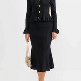 Elegante Conjunto de Vestido Midi de Punto Refinado con Top de Botones
